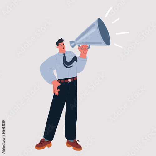 Cartoon vector illustration of young businessman wearing white shirt holding loudspeaker, screaming