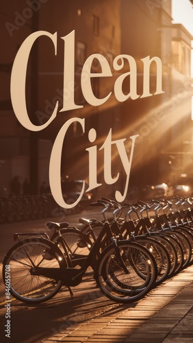  A row of parked bicycles under warm sunlight with the words ,,Clean City,, overlayed, promoting eco-friendly urban transportation.Suitable for eco-friendly campaigns, urban lifestyle content  photo