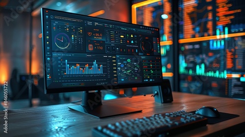 Computer Screen Display of Network Monitoring Dashboard with Real-Time Analytics and Health Metrics