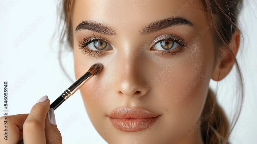 Professional makeup artist applying cosmetics to a model, isolated white background, beauty industry, highquality stock photo for marketing Professional makeup artist applying cosmetics to a model, isolated white background, beauty industry, highquality stock photo for marketing