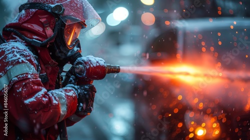 A firefighter in full gear directs a water hose towards a fire amidst heavy snow, demonstrating bravery and emergency response photo