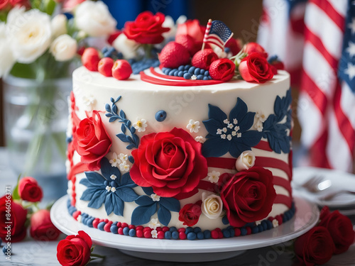 A fourth of july cake decorated with red, white and blue flowers and berries