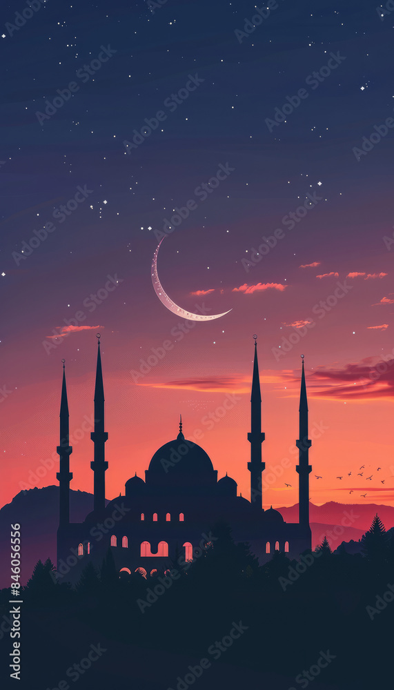 Silhouette of a religious islamic muslim mosque with a crescent moon Silhouette of a religious islamic muslim mosque with a crescent moon