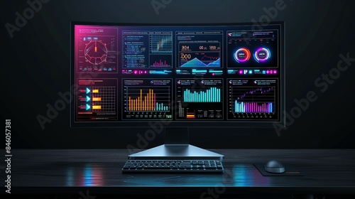 Real-Time Analytics and System Health on an Abstract Network Monitoring Dashboard Displayed on a Computer Screen