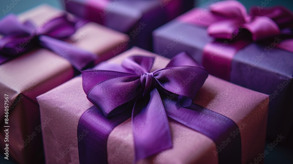 five colorful purple gift boxes wrapped with purple ribbons with writing space available on one side, background for birthdays, anniversaries, weddings, celebrations.