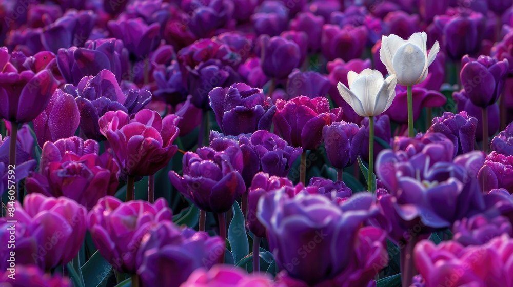 Obraz premium A single white tulip blooming amid a sea of purple and violet tulips in spring