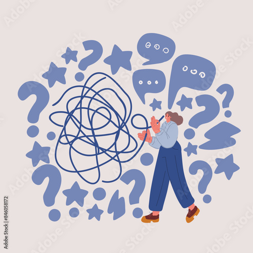 Cartoon vector illustration of Self care for mental health. Unravel business chaos process with tangle difficult problem mess business concept. Chaos to order,
