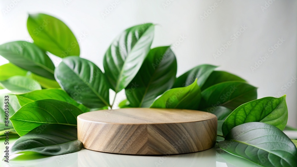 Wood podium tabletop floor blurred green leaf on white wall nature background.Beauty cosmetic natural product placement pedestal display,jungle summer concept. Wood podium tabletop floor blurred green leaf on white wall nature background.Beauty cosmetic natural product placement pedestal display,jungle summer concept.
