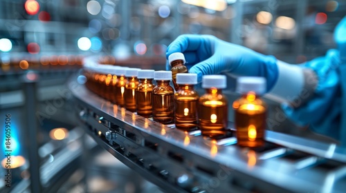 Pharmacist scientist with sanitary gloves examining medical vials on production line conveyor belt in pharmaceutical healthcare factory manufacturing prescription drugs medication mass production. 