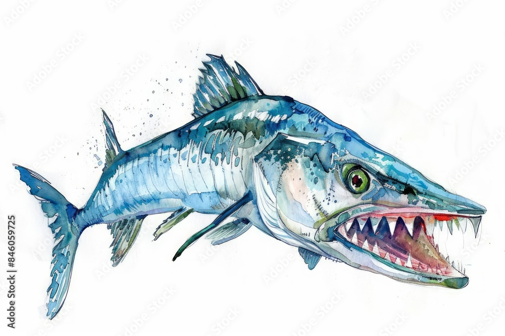 Fototapeta premium A fierce watercolor clipart of a barracuda with sharp teeth on a white background