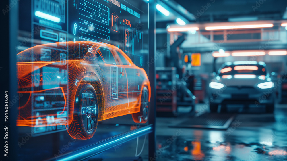 EV electric vehicle technology industry concept, futuristic virtual graphic touch user interface on screen with auto repair garage blurred on background EV electric vehicle technology industry concept, futuristic virtual graphic touch user interface on screen with auto repair garage blurred on background