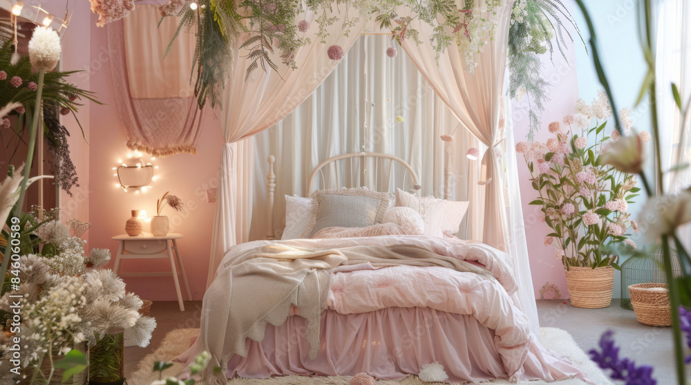 A fairycore bedroom featuring pastel hues, dreamy canopy bed drapes, and nature-inspired decorations A fairycore bedroom featuring pastel hues, dreamy canopy bed drapes, and nature-inspired decorations