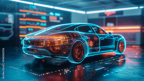 EV electric vehicle technology industry concept, futuristic virtual graphic touch user interface on screen with auto repair garage blurred on background © Natali