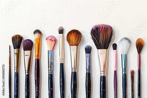 A row of various makeup brushes arranged neatly against a white background, showcasing different types and sizes for cosmetic use.