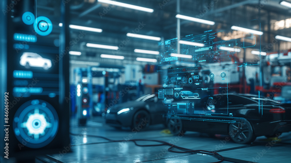 Obraz premium EV electric vehicle technology industry concept, futuristic virtual graphic touch user interface on screen with auto repair garage blurred on background