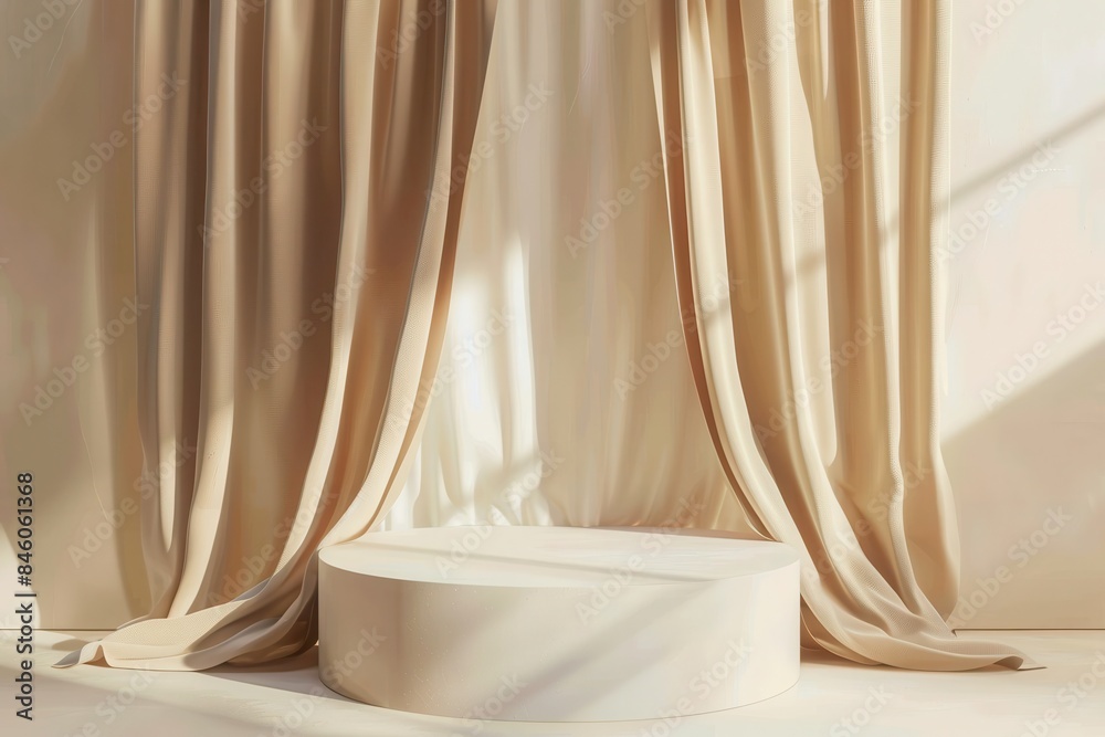 Elegant minimalist podium with soft beige curtains and natural light for product display, fashion, or interior decoration concept. Elegant minimalist podium with soft beige curtains and natural light for product display, fashion, or interior decoration concept.
