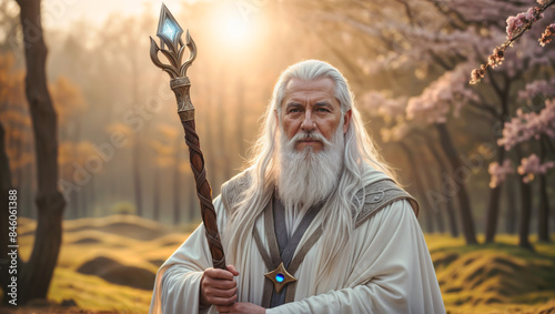 Portrait of an elder white mage in nature, holding his magic staff - Generative AI