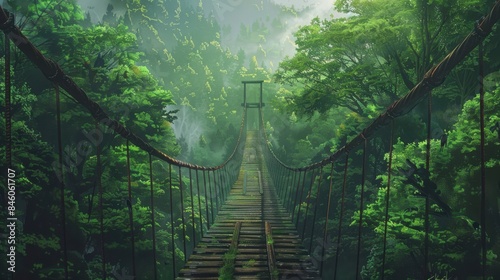Scenic view of a wooden suspension bridge surrounded by lush green forest, creating a tranquil and adventurous atmosphere.