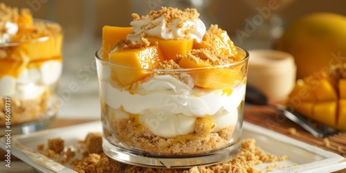 A delicious mango float dessert, layered with sweet mango slices, cream, and graham cracker crumbs, served in a glass dish photo