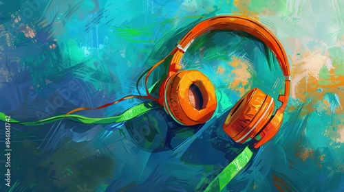 Vibrant orange headphones on an abstract teal and blue background. Modern and artistic representation of music enjoyment and audio equipment. photo