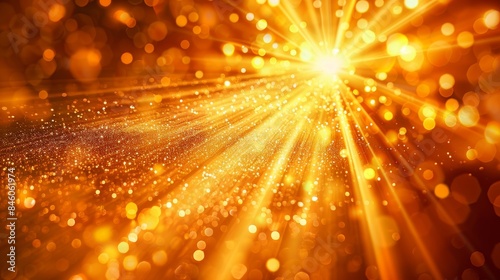 Vibrant orange light burst abstract rays on dark background with peach and golden sparkles