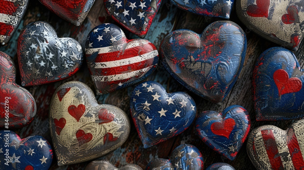 Obraz premium Red white and blue heart-shaped ornaments with a distressed vintage shabby chic look.