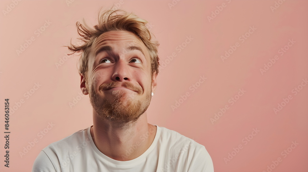 Studio shot of a young handsome guy, 20-25 years old, blond, looking up. Happy and smiling, in a white T-shirt with a beard and mustache, on a soft pink background. Studio shot of a young handsome guy, 20-25 years old, blond, looking up. Happy and smiling, in a white T-shirt with a beard and mustache, on a soft pink background.