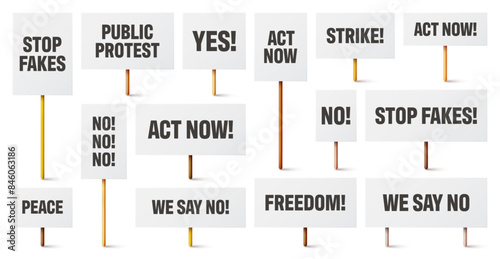 Blank white protest signs with text slogans on wooden holder. Various realistic vector demonstration banners. Strike action cardboard placard mockup. Social advertisement. Vector illustration