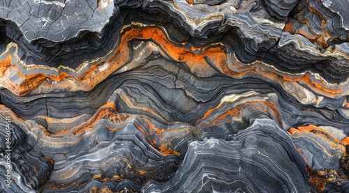 Abstract lava rock surface with multiple layers of black, grey and orange colored waves photo