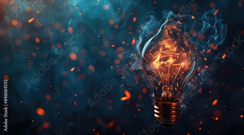 Abstract light bulb with glowing electric firesparks and smoke on a dark blue background,