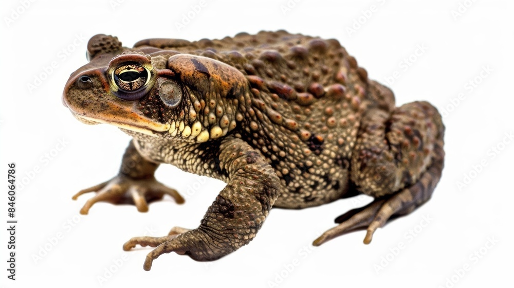 American toad with bumpy skin and golden eye standing on a white surface American toad with bumpy skin and golden eye standing on a white surface