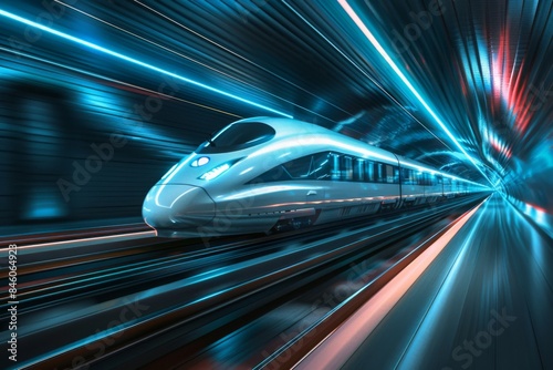 High-speed futuristic train rushing at high speed in a tunnel with bright lights.