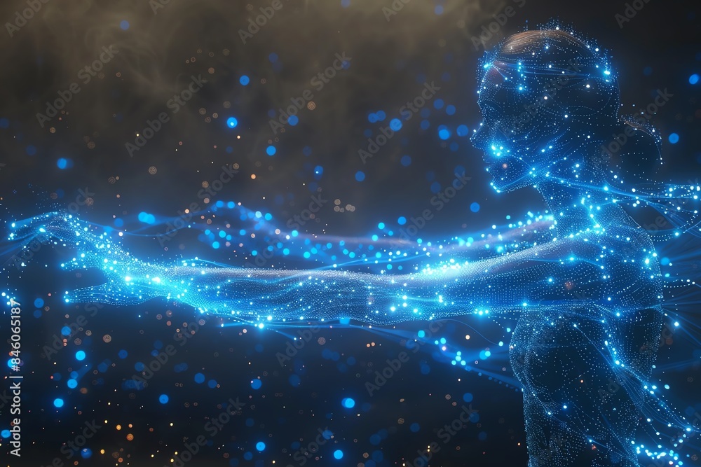 A futuristic representation of artificial intelligence in human form made of glowing blue particles against a dark background. A futuristic representation of artificial intelligence in human form made of glowing blue particles against a dark background.