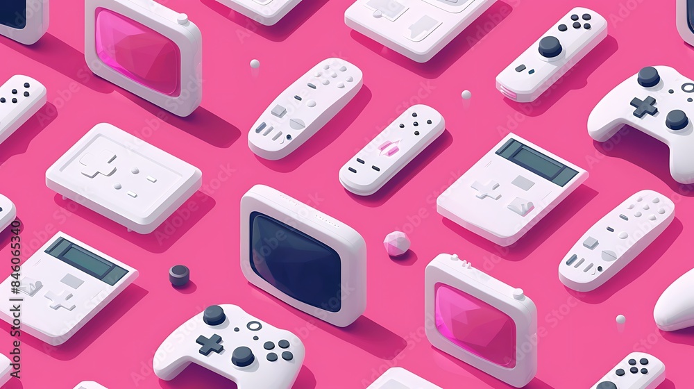 Isometric icon a group of white tv remote and joystick in flat color pink room single Isometric icon a group of white tv remote and joystick in flat color pink room single