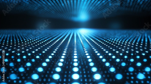 Abstract digital blue glowing light dot matrix background. Futuristic pattern with perspective effect. Technology and data concept.