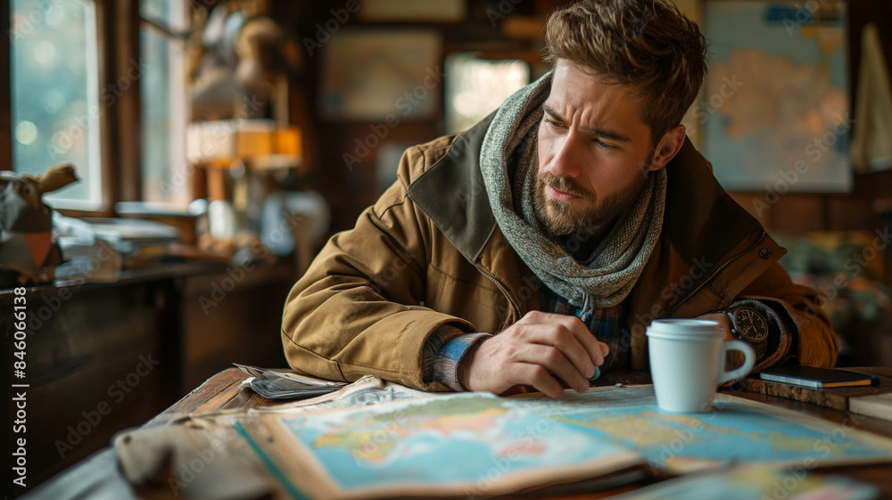 Thoughtful man with a beard studying a world map in a cozy, rustic room, planning his next travel adventure. Generative AI. Thoughtful man with a beard studying a world map in a cozy, rustic room, planning his next travel adventure. Generative AI.