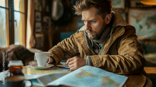 Thoughtful man with a beard studying a world map in a cozy, rustic room, planning his next travel adventure. Generative AI.