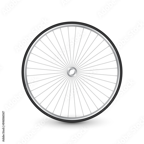 Realistic 3d bicycle wheel. Bike rubber tire, shiny metal spokes and rim. Fitness cycle, touring, sport, road and mountain bike. Vector illustration