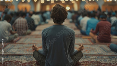 Facing away from the camera a man sits crosslegged on a carpet in a crowded room filled with people. With closed eyes and a serene . . photo