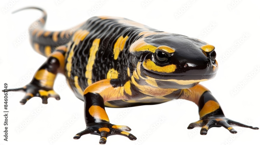 Black and yellow fire salamander walking on a white surface Black and yellow fire salamander walking on a white surface