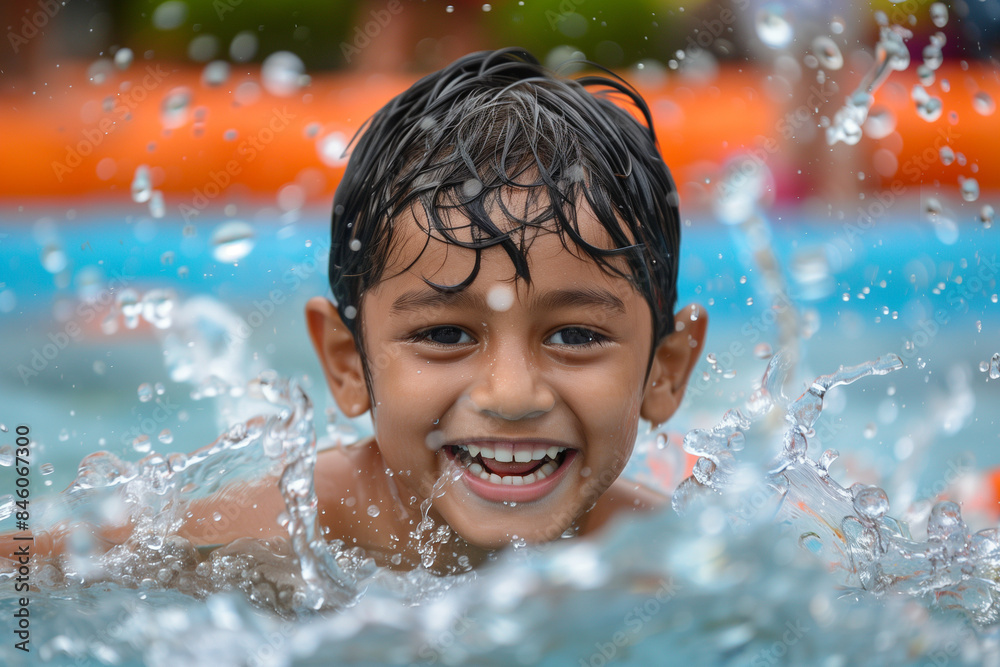 Child in a water gymkhana as a camp activity immersing in summer excitement, boy enjoying watery adventures with laughter and joy Child in a water gymkhana as a camp activity immersing in summer excitement, boy enjoying watery adventures with laughter and joy