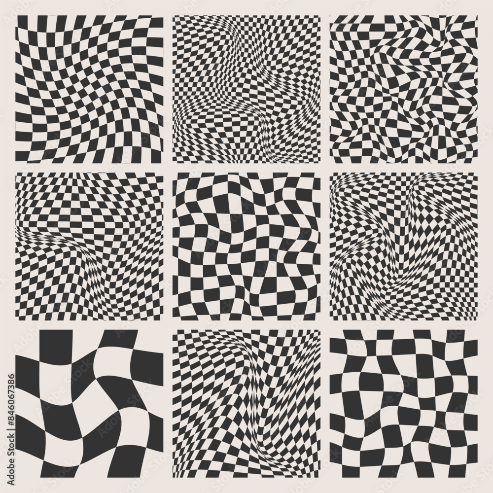 Trendy checkered pattern, black and white distorted tiled grid. Wavy curved backdrop, distortion effect. Funky geometric chessboard texture, retro background in 90s style, y2k. Vector illustration Trendy checkered pattern, black and white distorted tiled grid. Wavy curved backdrop, distortion effect. Funky geometric chessboard texture, retro background in 90s style, y2k. Vector illustration