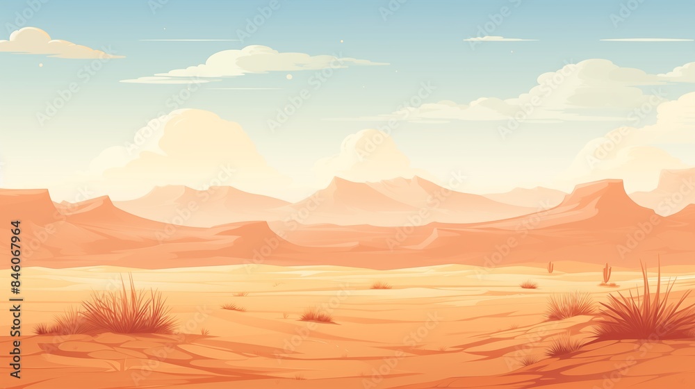 Naklejka premium Serene Desert Landscape with Mountains, Cacti, and a Vast Expansive Horizon Under a Clear Sky