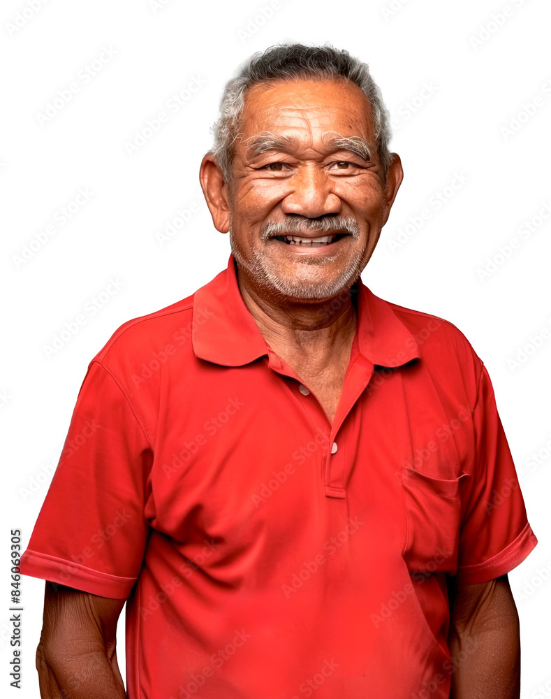 Portrait of happy mature Pacific Islander male employee wearing red polo t-shirt uniform