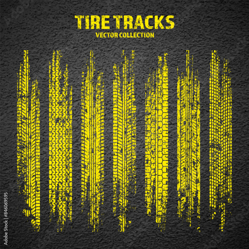 Yellow grunge tire tracks, wheel braking marks. Truck, car or motorcycle tread pattern silhouettes. Auto race, motorsport, speed racing design element. Asphalt texture. Vector illustration