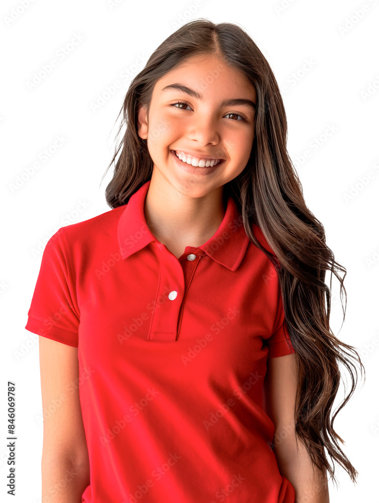 Teenage Latin American female employee wearing red polo t-shirt as work uniform. Posing over isolated transparent background Teenage Latin American female employee wearing red polo t-shirt as work uniform. Posing over isolated transparent background