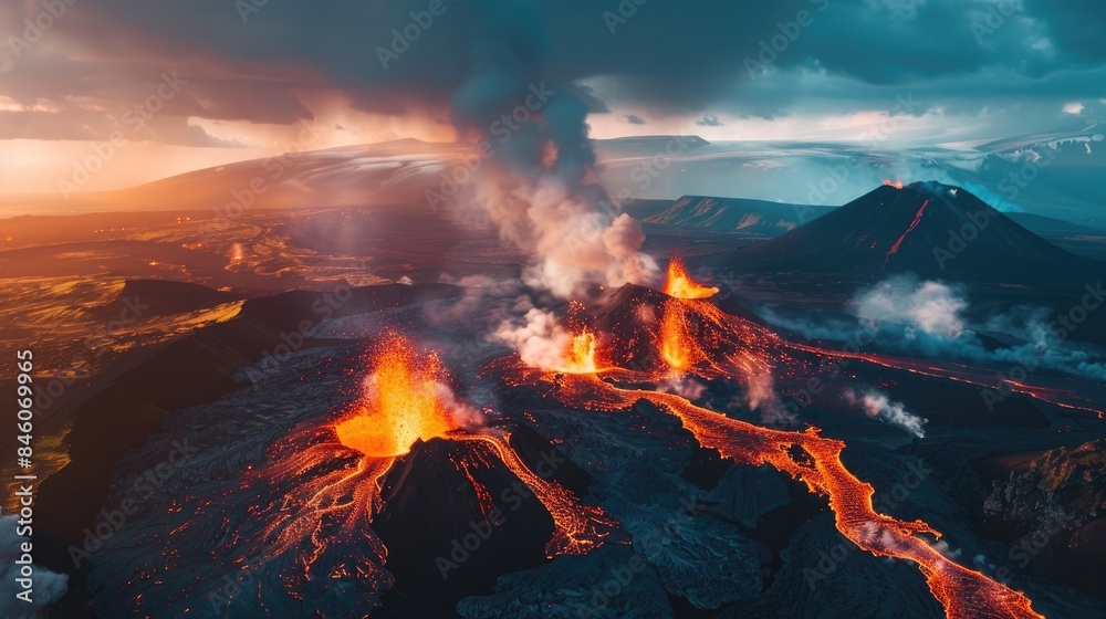 Aerial view of Volcano Eruption, in Iceland