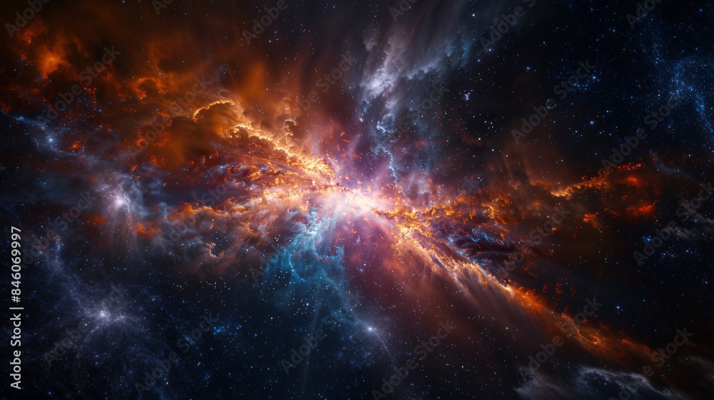Fototapeta premium Vibrant nebula image with colorful gases, stars, and swirling structures. 