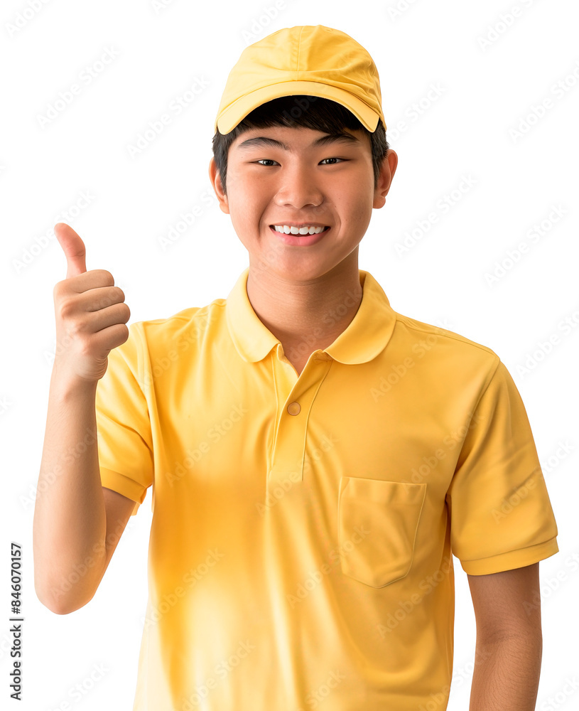 Young Asian male employee wearing yellow t-shirt and cap posing with thumbs up and smiling. Isolated over transparent background Young Asian male employee wearing yellow t-shirt and cap posing with thumbs up and smiling. Isolated over transparent background
