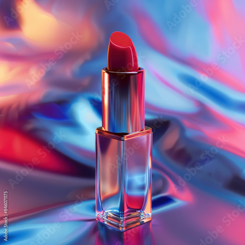 vibrant red lipstick in metallic blue casing against glossy abstract background photo